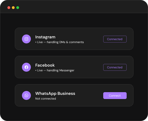 Channel connection screen for Instagram, Facebook, and WhatsApp