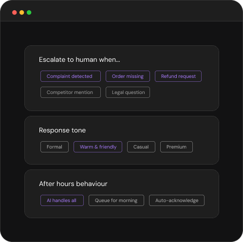 Dashboard settings for escalation, tone, and after-hours behaviour