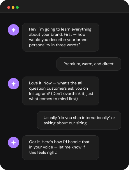 Conversational onboarding chat teaching Symbly your brand voice